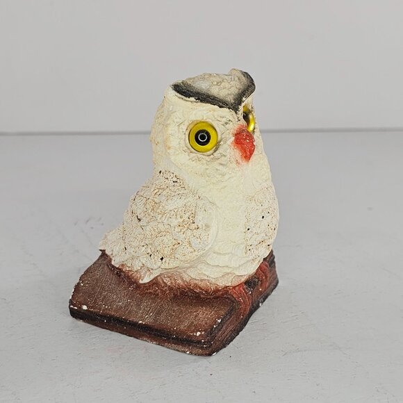 Vintage Alabaster Owl On Book Figurine Yellow Eyes 3.5" - Picture 2 of 8